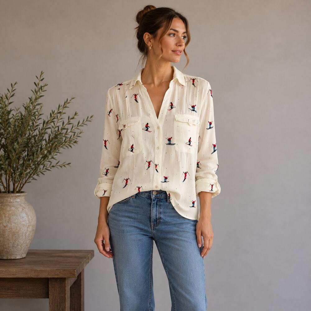 Maeve Off White Larkin Skier Print Long Sleeve Button Top 0